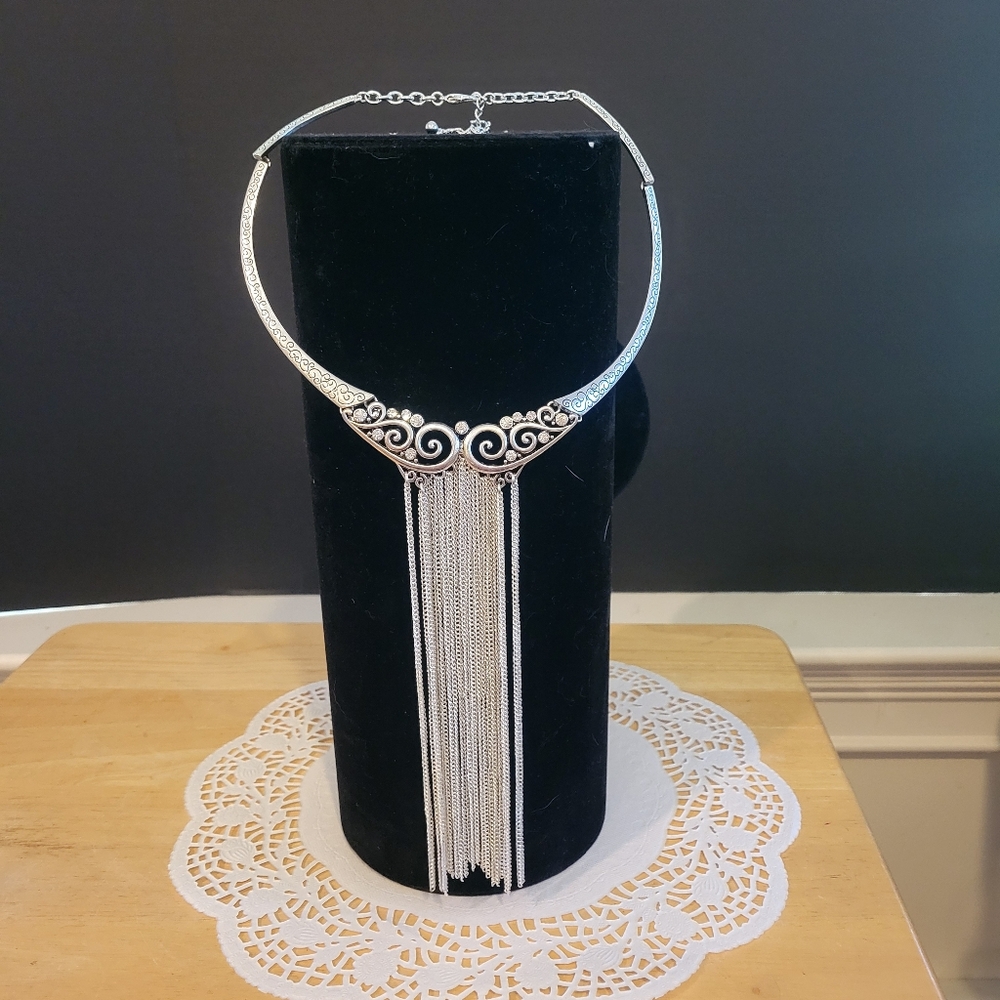 Vintage Silver Toned Boho Collar Waterfall Fringe Necklace Adjustable Clasp